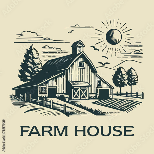 hand drawn Farm Buildings old engraving vector illustration style. farm house vintage illustration logo, emblem, icon old engraving style