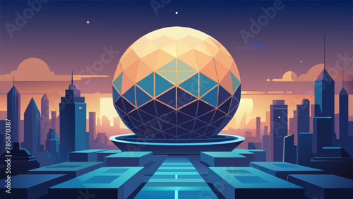A central hub of the city is a massive spherical structure that seems to be made entirely of glowing geometric patterns. This is the citys