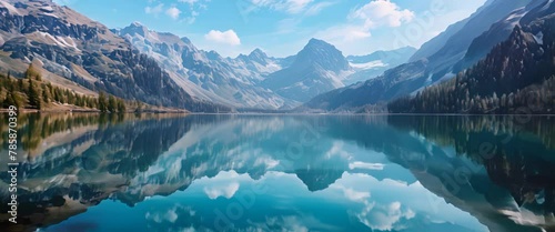 A frame hovering over a crystal-clear mountain lake, reflections softly blurred photo