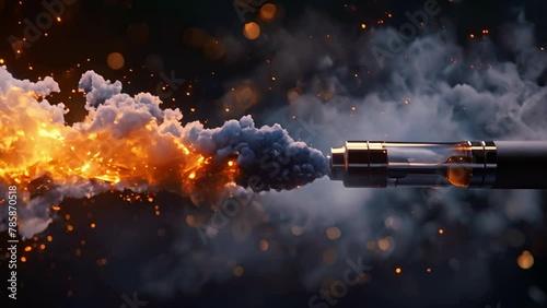 Vape pen exploding sending smoke and flames shooting out of the mouthpiece in slow motion photo