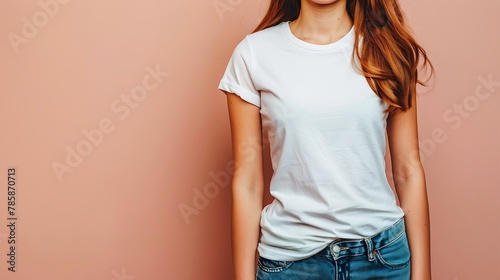 T-shirt mockup. A man wearing a white T-shirt isolated on light salmon colour background