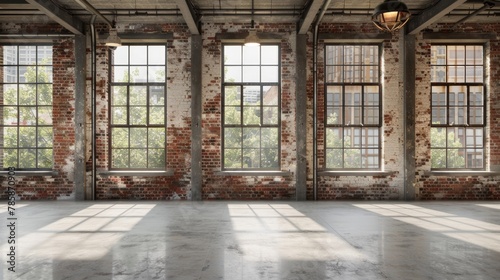 Blank mockup of an industrialstyle shop with exposed brick walls and metal grating on the windows. . photo