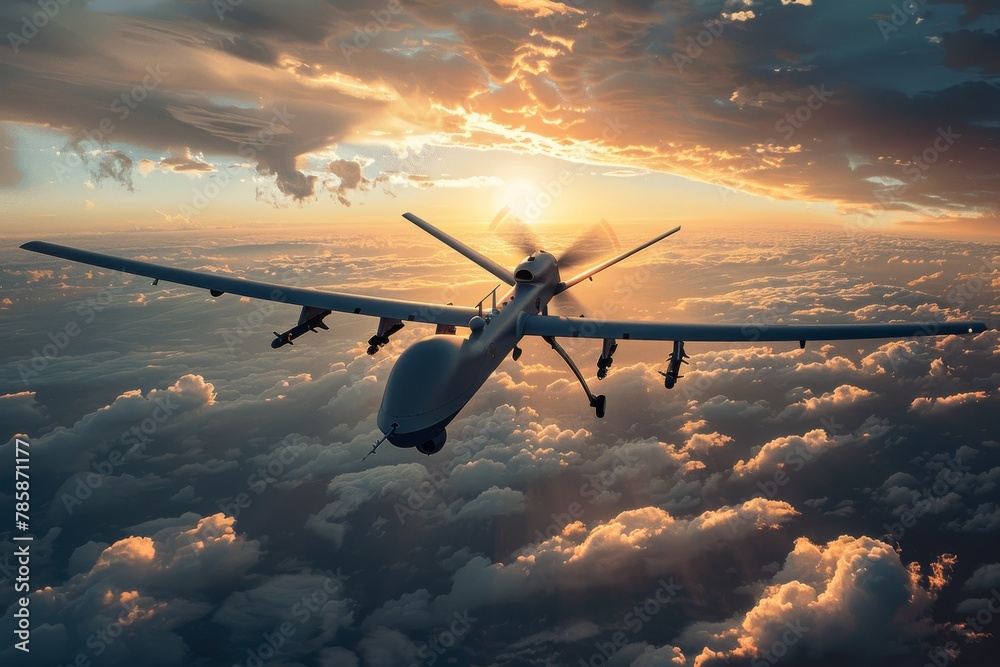 A military kamikaze drone in the sky. Aerial attack, modern warfare. - obrazy, fototapety, plakaty 