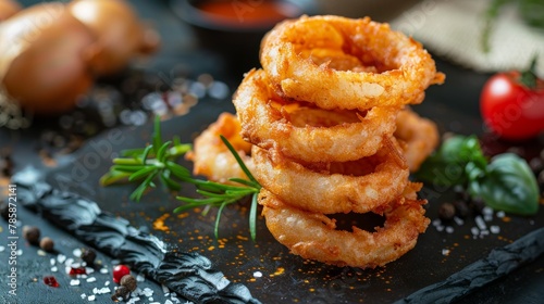 Delicious onion rings are onion rings dipped in batter and then fried to a golden brown. They have a crispy outer crust and a soft, juicy inner layer. They are often served with a spicy sauce or mayon photo