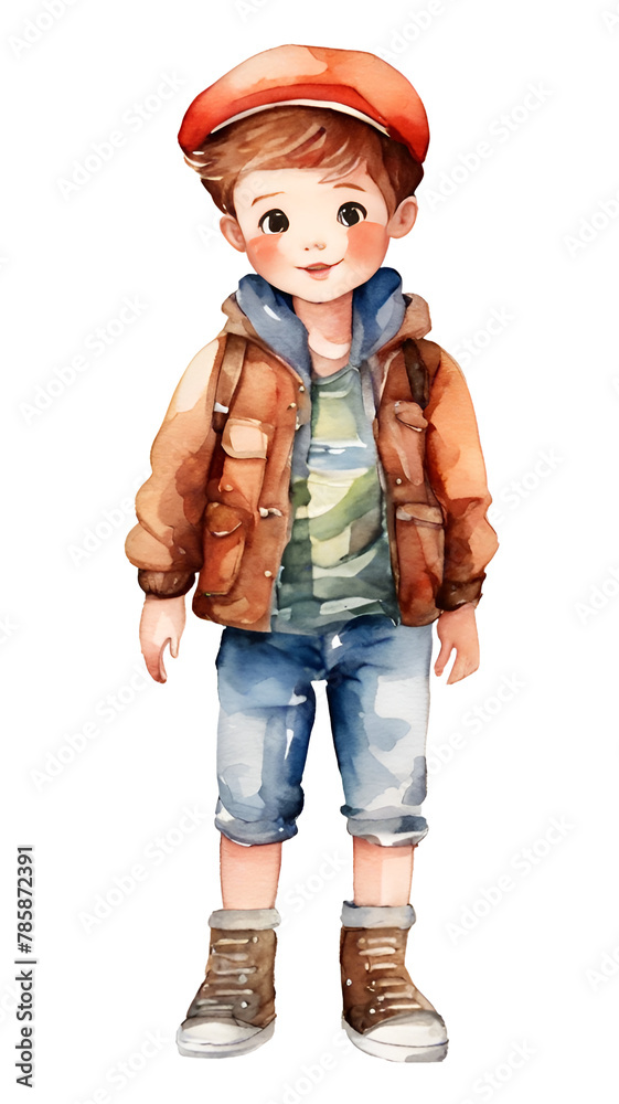 Watercolor and painting cute doll student boy with hat in brown overalls and jean jacket for kindergarten cartoon Watercolor and painting cute doll student boy with hat in brown overalls and jean jacket for kindergarten cartoon