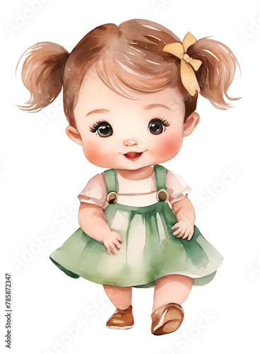 Watercolor and painting cute doll girl with flower ribbon on headband and hat in pretty dress for kindergarten cartoon
