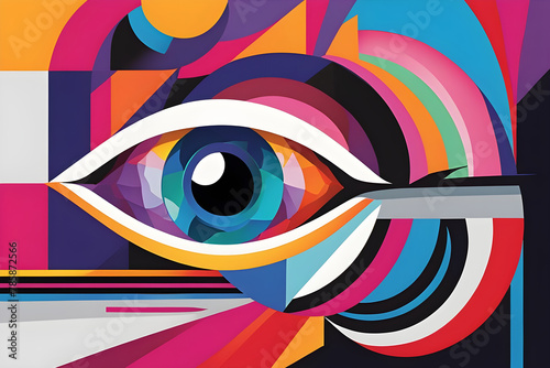 Abstract digital painting of an Eye. Vibrant multicolor of an iris Eye.  Colorful All seeing eye Digital geometric illustration, painting, wallpaper, background backdrop, wall art