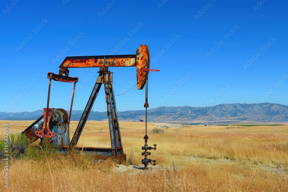 Rusted oil pump jack in a dry grass field with mountains in the background under a clear blue sky. Rusted oil pump jack in a dry grass field with mountains in the background under a clear blue sky.