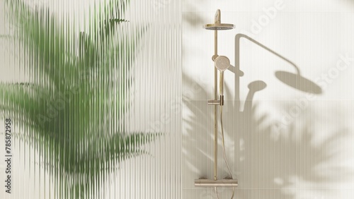 Gold rain shower, adjustable shower head, green palm tree, reeded fluted glass partition in sunlight on cream wall bathroom for modern, elegant interior design decoration, product background 3D © Sue Tansirimas
