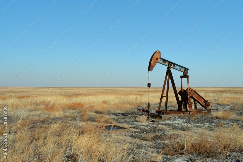 Aged and weathered oil pump in a barren field with vast open sky at sunset. Aged and weathered oil pump in a barren field with vast open sky at sunset.