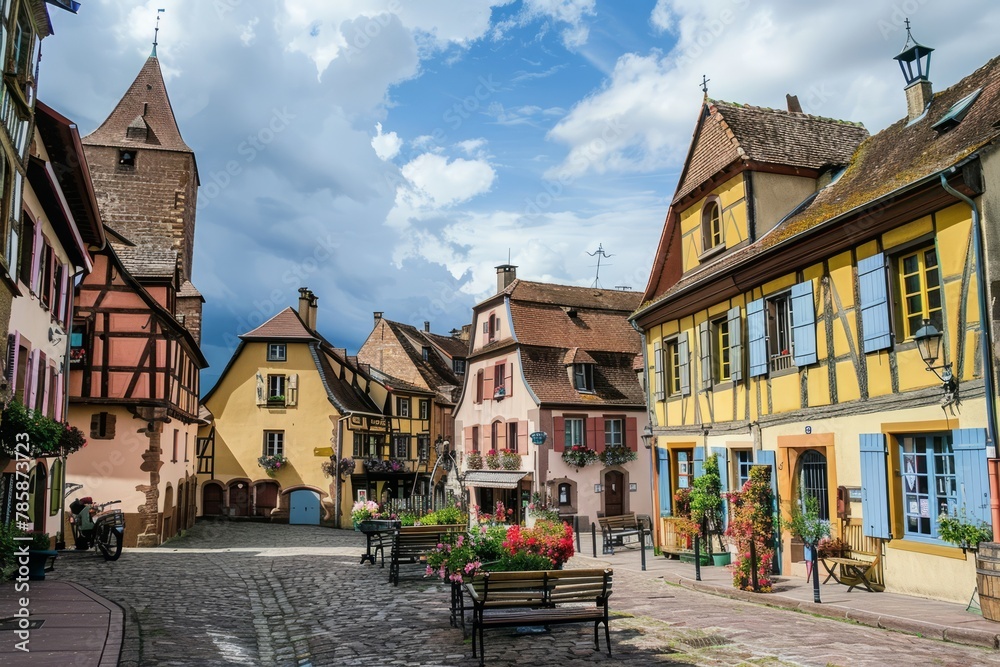 A charming European village square with cobblestone streets, historic churches, and colorful row houses, Generative AI A charming European village square with cobblestone streets, historic churches, and colorful row houses, Generative AI