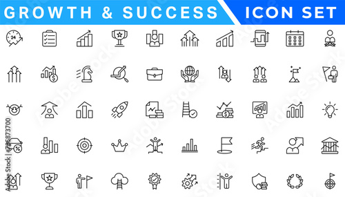 Growth and success line icons collection. Big UI icon set in a flat design. Thin outline icons pack. Vector illustration