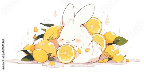 adorable white cartoon rabbit with leaves and lemons