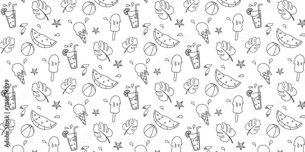 Summer. Hand drawn set of simple icons on white background with summer elements. Collection of cartoon icons with one line. Vector illustration