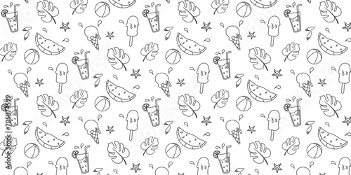Summer. Hand drawn set of simple icons on white background with summer elements. Collection of cartoon icons with one line. Vector illustration