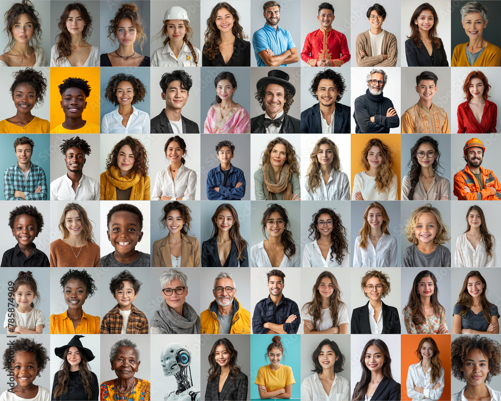 Obraz premium composite portrait featuring headshots of diverse women of all ages, genders, and ethnicities against a white gray and colorful flat background, celebrating inclusivity and diversity.
