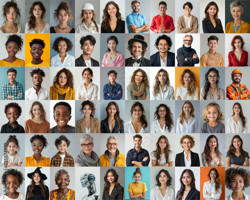 composite portrait featuring headshots of diverse women of all ages, genders, and ethnicities against a white gray and colorful flat background, celebrating inclusivity and diversity.