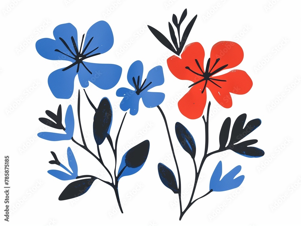 Flowers with minimal detail and a color scheme of blue and red, set against a plain background. Flowers with minimal detail and a color scheme of blue and red, set against a plain background.