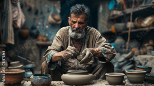 Local Craftsman Creating Traditional Pottery in Modern Urban Workshop