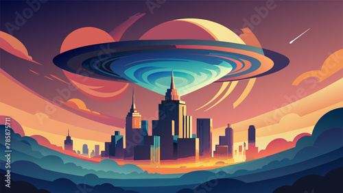 From afar the city looks like a floating metropolis surrounded by a swirling nebula of vibrant colors. Closer inspection reveals that the