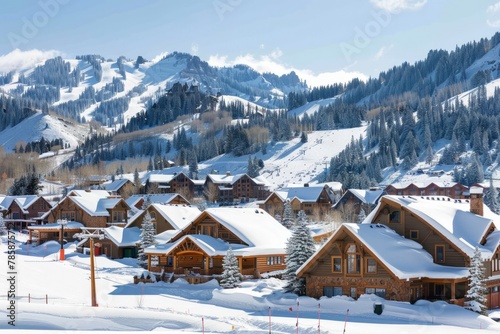 A picturesque mountain resort community with rustic cabins, alpine chalets, and ski-in:ski-out access to pristine slopes, Generative AI © ManusiaIkan