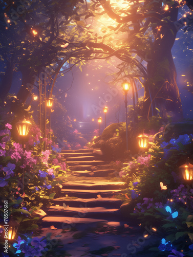 Enchanted Twilight Garden with Glowing Lanterns and Magical Fairy Lights