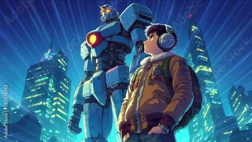 Anime-style boy Standing in front of a big, giant mecha robot, cyberpunk city, 90x anime, mecha illustration background