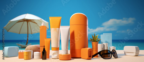 3D display of sunscreen and skin protection items on a flat color block background, photo