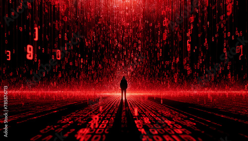 Concept of the dark web is visualized with a torrent of red ones and zeros falling in front of a dark hooded cyber crime hacker figure