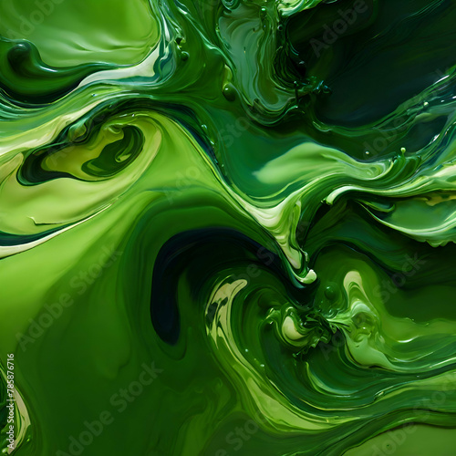 Beautiful abstraction of liquid paints in slow blending flow mixing together gently, green tone