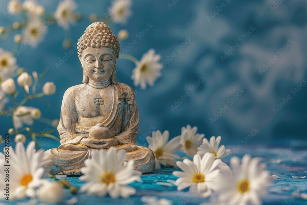 Fototapeta premium Vesak Day is holy day for Buddhists. Happy Buddha Day with Siddhartha Gautama statue with white flowers on blue background. Mental health and meditation concept. copy space with generative ai 