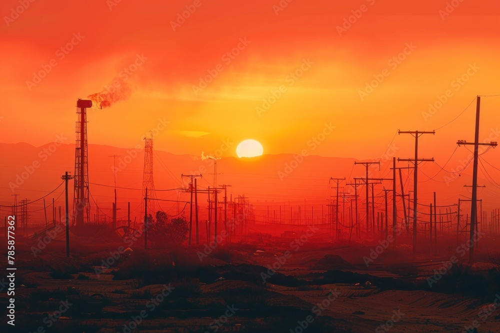Industrial sunset with the sun dipping below the horizon, silhouetting smokestacks and power lines against an orange sky.