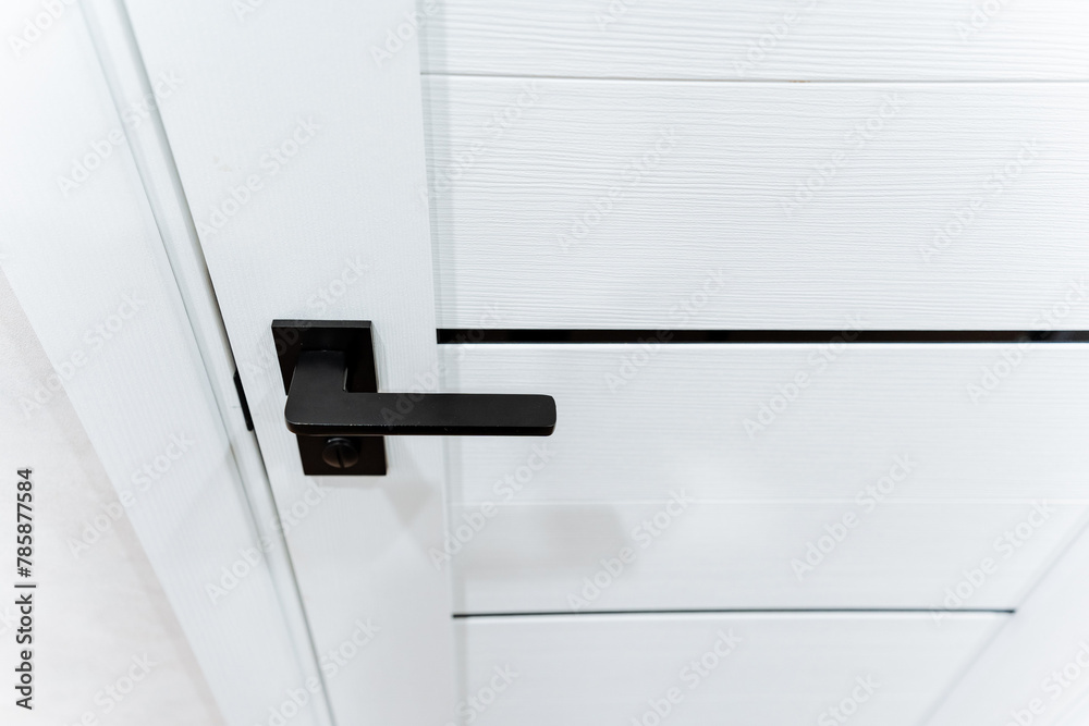 Closeup of white door with black handle, showcasing cabinetry craftsmanship Closeup of white door with black handle, showcasing cabinetry craftsmanship
