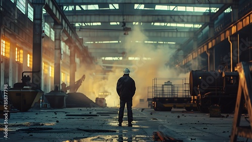 man worker in industrial setting, copy space, stock photography