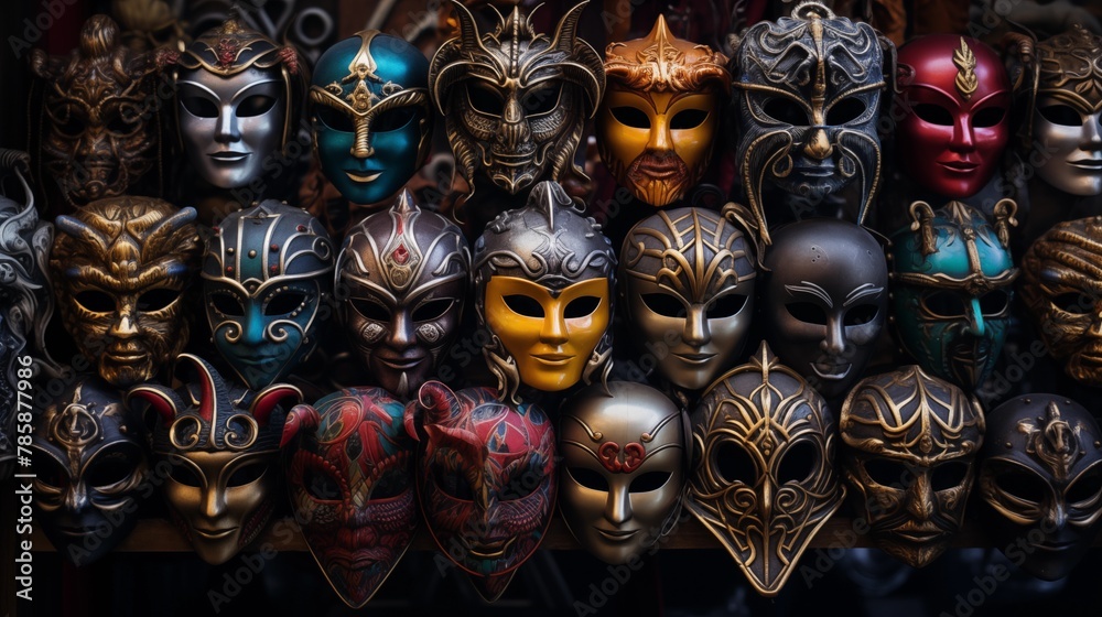 Carnival masks hanging on display at a street vendor's stall Carnival masks hanging on display at a street vendor's stall