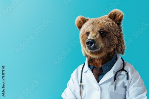 Brown bear in a doctor's white coat with a stethoscope, on a blue background.