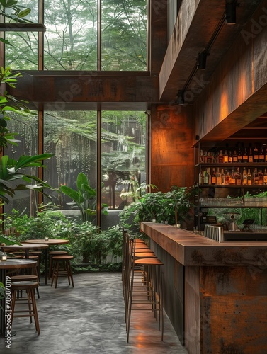Modern Bar Interior with Natural Light and Lush Greenery