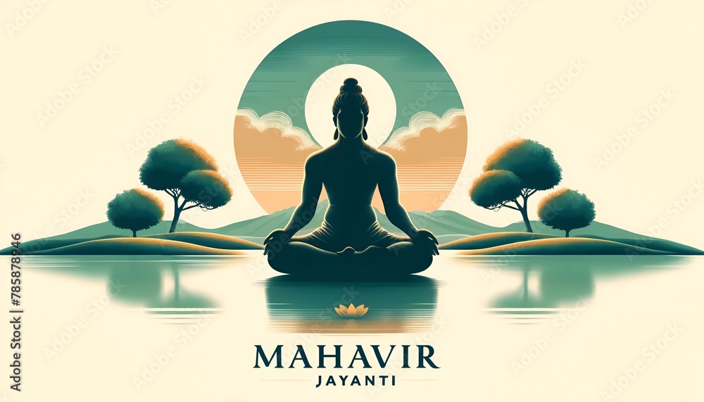 Illustration for mahavir jayanti with silhouette of lord mahavira seated in meditation. - obrazy, fototapety, plakaty 