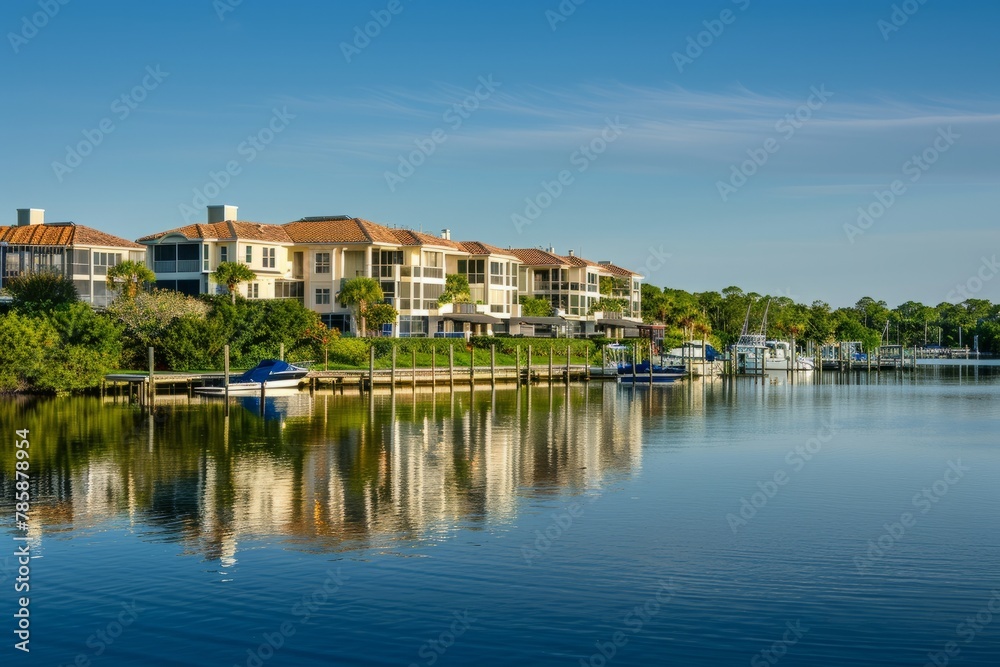 A waterfront condominium complex overlooking a serene lake or ocean, with luxury apartments, private marinas, and resort-style amenities, Generative AI