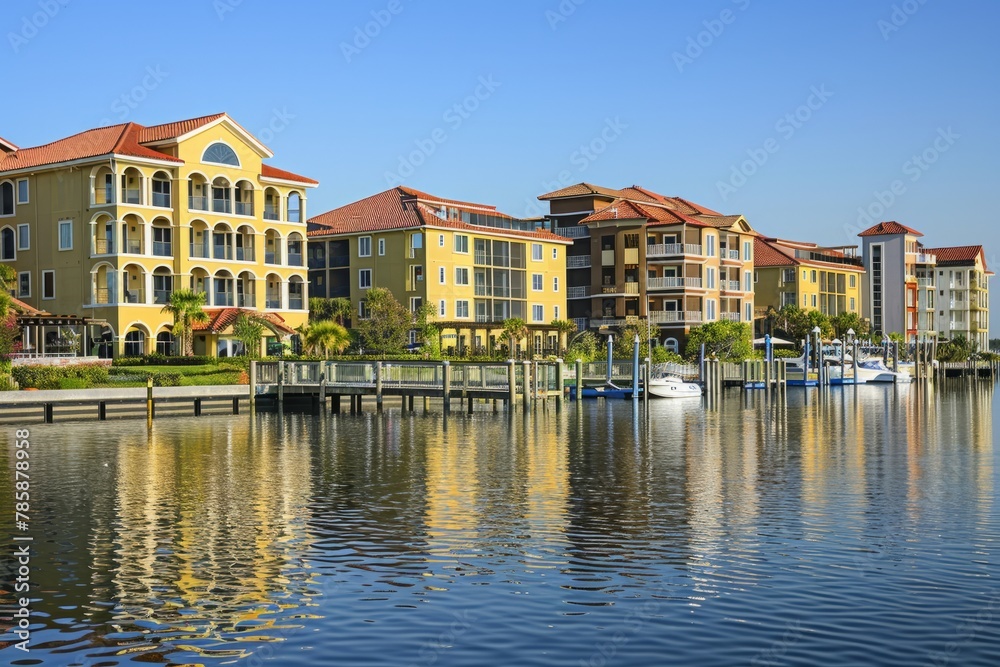 A waterfront condominium complex overlooking a serene lake or ocean, with luxury apartments, private marinas, and resort-style amenities, Generative AI A waterfront condominium complex overlooking a serene lake or ocean, with luxury apartments, private marinas, and resort-style amenities, Generative AI