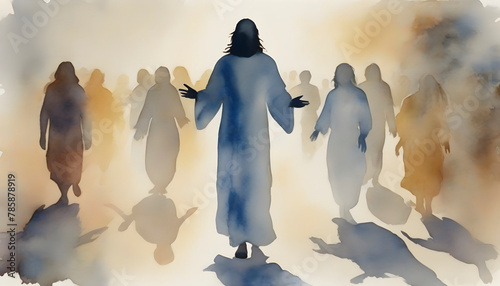 Watercolor painting of Jesus Christ appears to his followers.