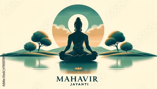 Illustration for mahavir jayanti with silhouette of lord mahavira seated in meditation.