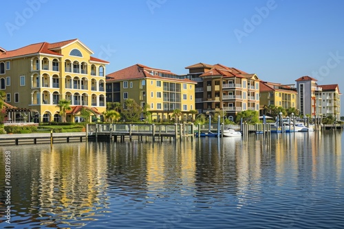 A waterfront condominium complex overlooking a serene lake or ocean, with luxury apartments, private marinas, and resort-style amenities, Generative AI