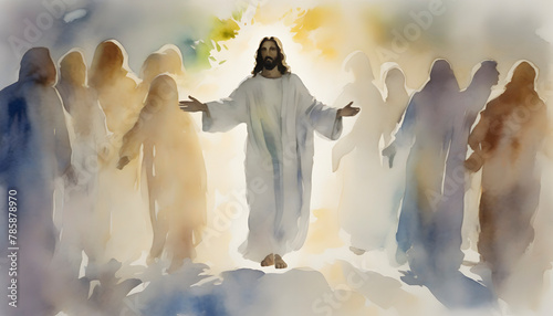 Watercolor painting of Jesus Christ appears to his followers. photo