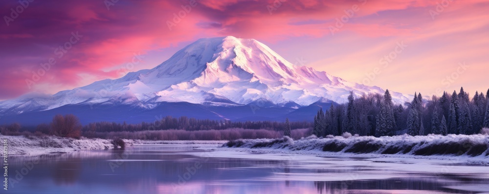 a dazzling view of mountain in white background with glittering light violet light, and sacred
