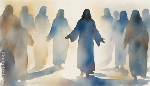 Watercolor painting of Jesus Christ appears to his followers. photo