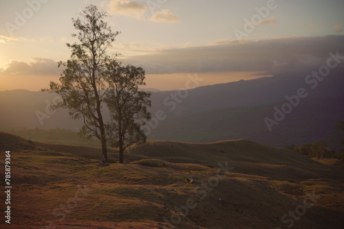 Beautiful night fall on the top of the mountain. Dusk  at rural area. photo
