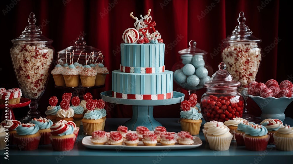 Carnival-themed cupcakes and sweets arranged on a dessert table