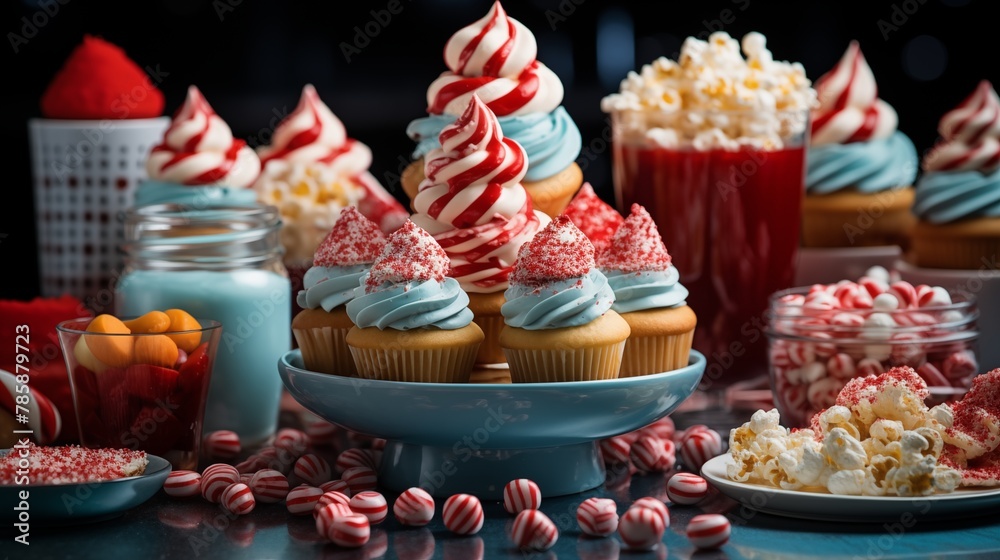 Carnival-themed cupcakes and sweets arranged on a dessert table