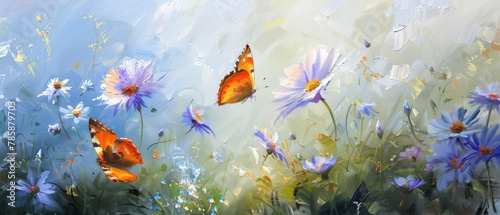 oil-painted orange butterflies and lovely springtime wildflowers